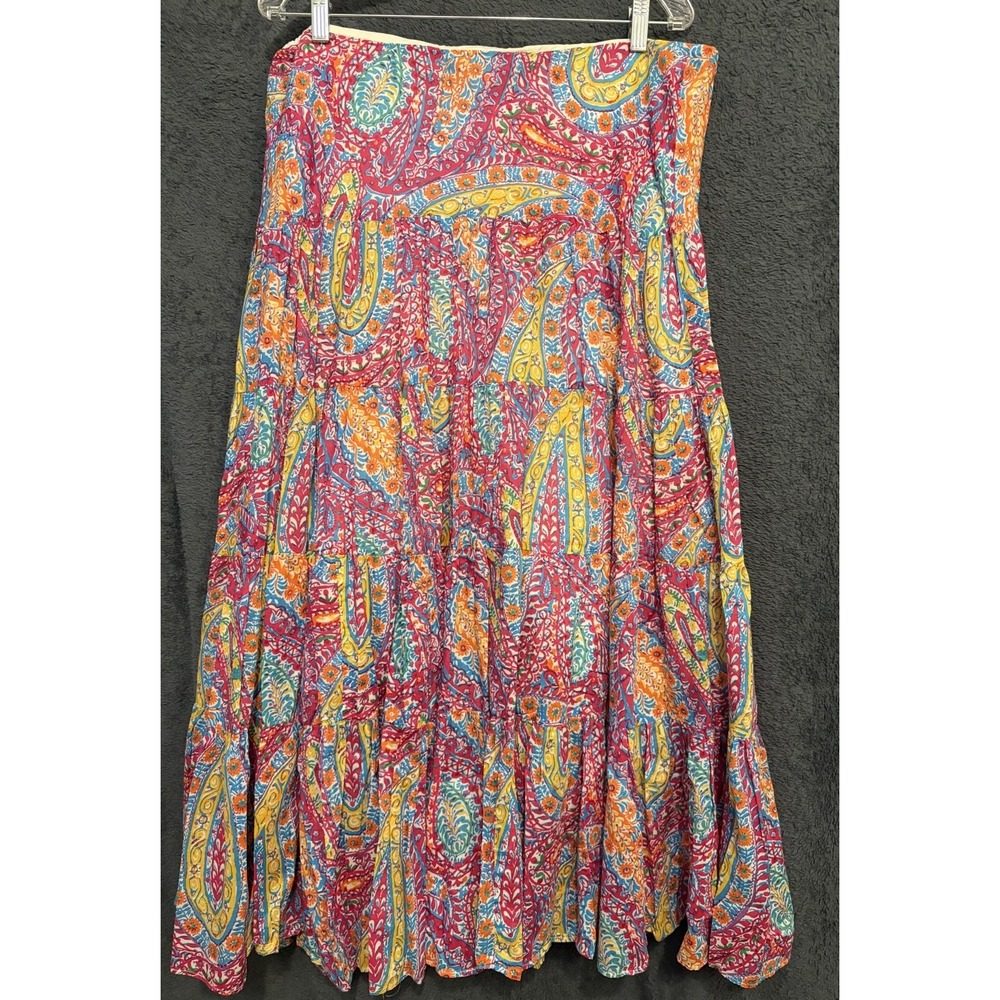 Lauren Ralph Lauren XL Paisley Tiered Maxi Skirt Cotton Boho Festival Colorful